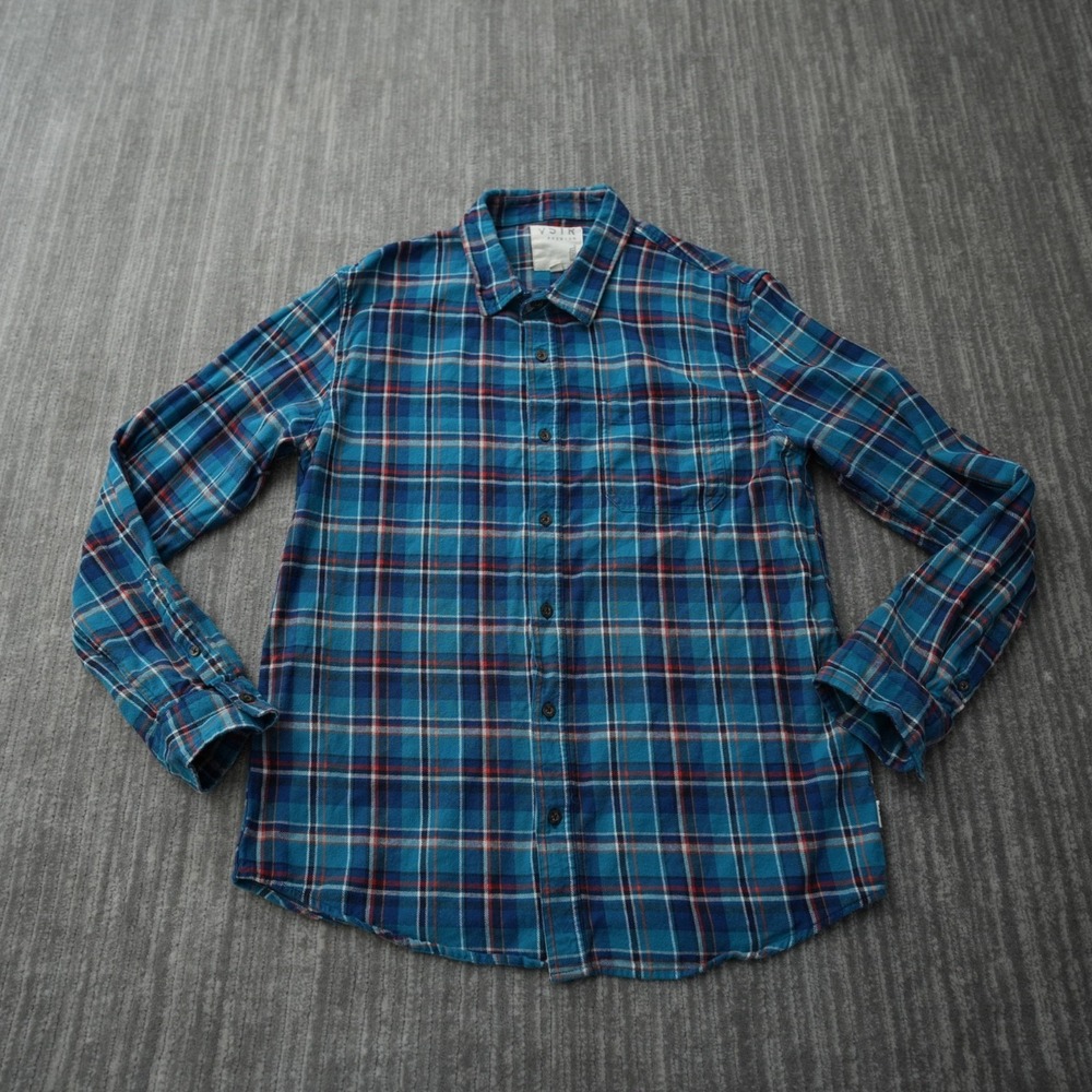 VSTR Shirt Men Flannel Button Up Plaid‎ Long Sleeve Blue 100% Cotton Large